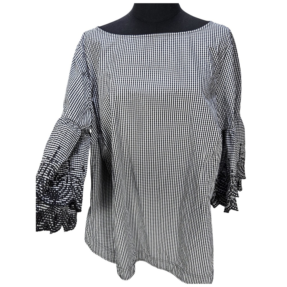 Women's Lauren Ralph Lauren 1X Gingham Eyelet Embroidered Bell Sleeve Blouse